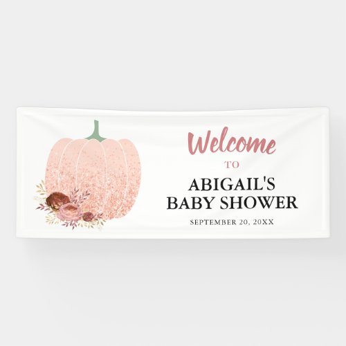 Rose Gold Glitter Pumpkin Baby Shower Welcome Banner - This fall baby shower welcome banner features a graphic of a pumpkin accented with peach and rose gold glitter and autumn colored flowers.