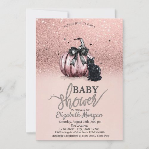 Rose Gold Glitter Pumpkin Black Cat Baby Shower Invitation