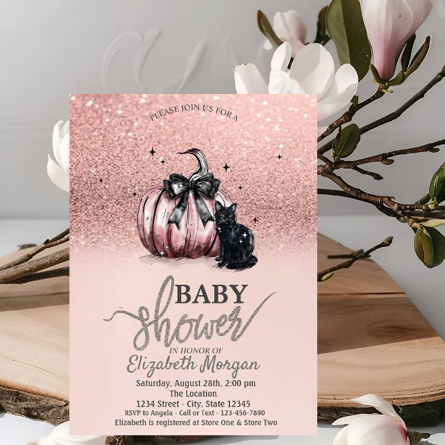 Rose Gold Glitter Pumpkin Black Cat Baby Shower Invitation (Creator Uploaded)