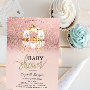 Rose Gold Glitter Pumpkin Carriage Baby Shower Invitation