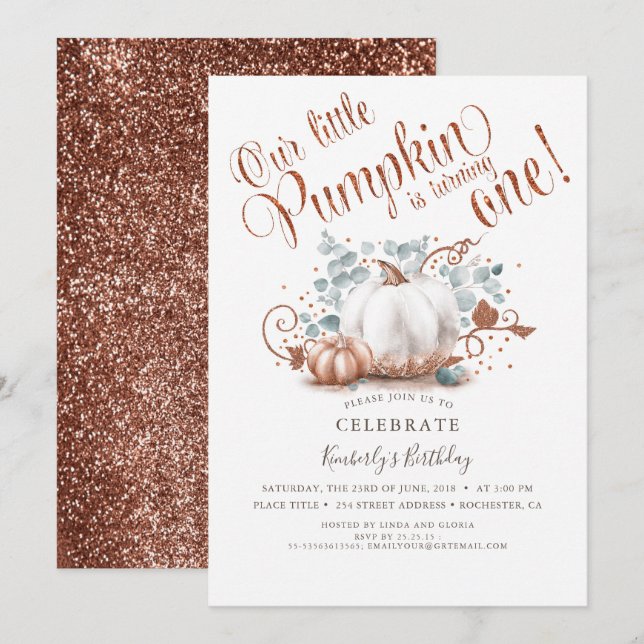 Rose Gold Glitter Pumpkin Fall 1st Birthday Invitation (Front/Back)