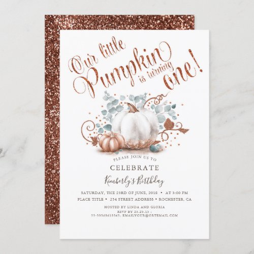 Rose Gold Glitter Pumpkin Fall 1st Birthday Invitation