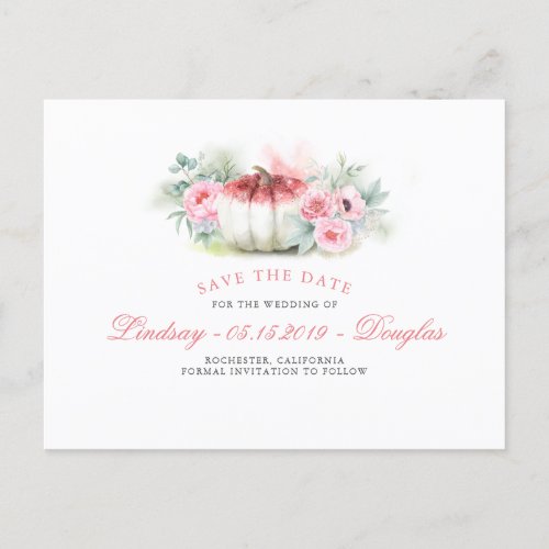 Rose Gold Glitter Pumpkin Fall Save the Date Announcement Postcard