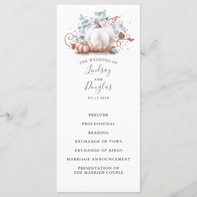 Rose Gold Glitter Pumpkins Fall Wedding Programs (Front)