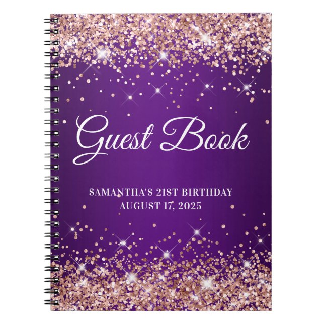 Rose Gold Glitter Purple 21st Birthday Guestbook Notebook (Front)