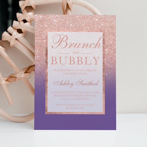 Rose gold glitter purple brunch bridal shower invitation