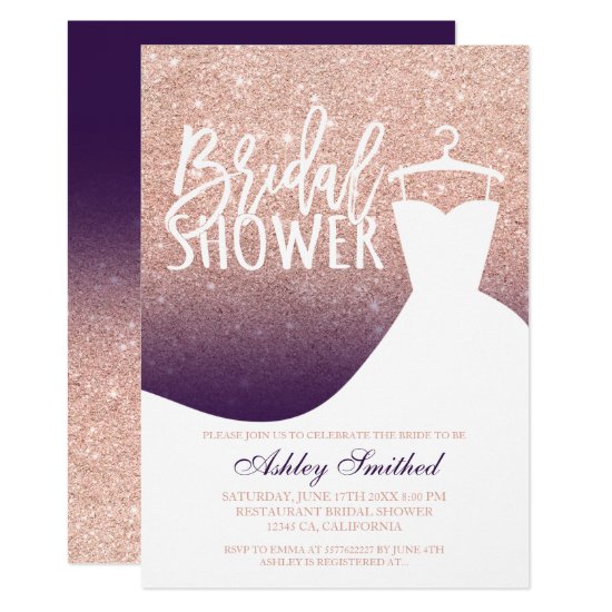Rose gold glitter purple chic dress Bridal shower Invitation