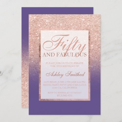 rose gold glitter purple chic fifty fabulous invitation