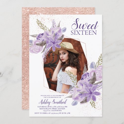 Rose gold glitter purple floral photo Sweet 16 Invitation