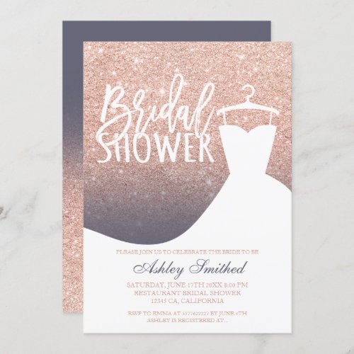 Rose gold glitter purple grey dress Bridal shower Invitation