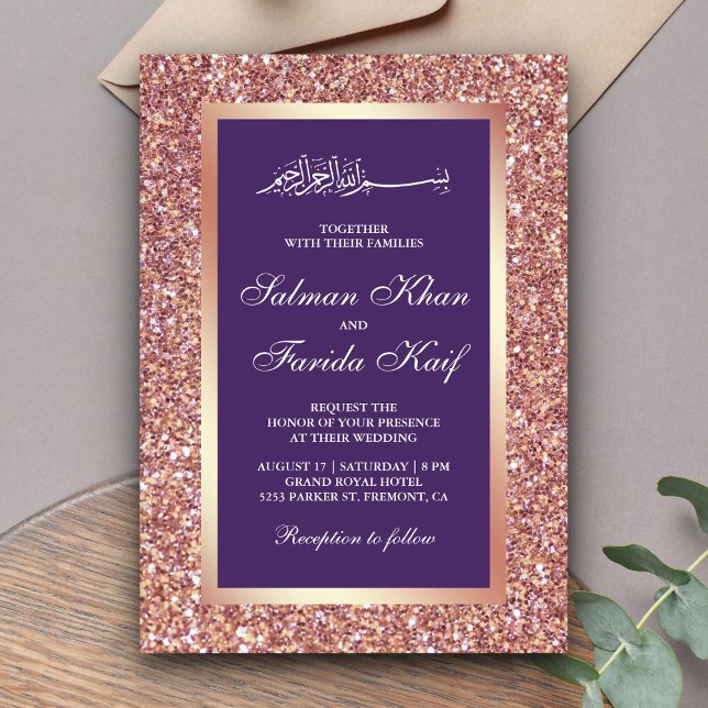 Rose Gold Glitter Purple Islamic Muslim Wedding Invitation (Creator Uploaded)