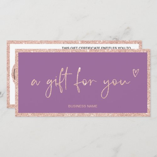 Rose Gold glitter purple logo gift certificate