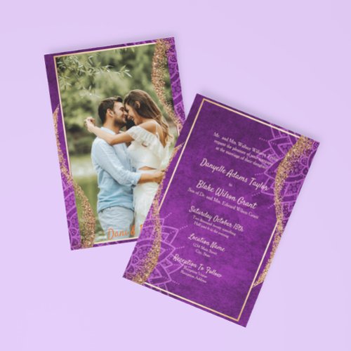 Rose Gold Glitter Purple Mandala Photo Wedding Invitation