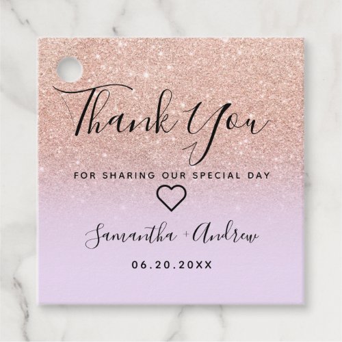 Rose gold glitter purple ombre thank you wedding favor tags