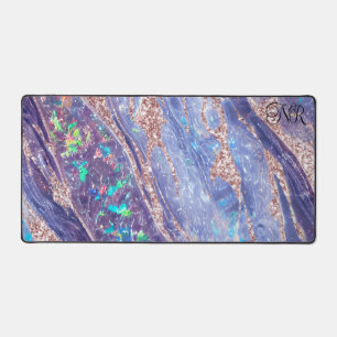 Rose Gold Glitter Purple Opal Gem Marble Monogram Desk Mat