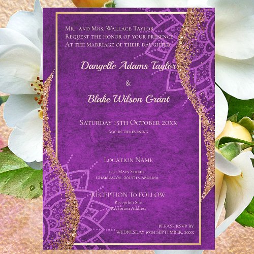 Rose Gold Glitter Purple Wedding Invitation