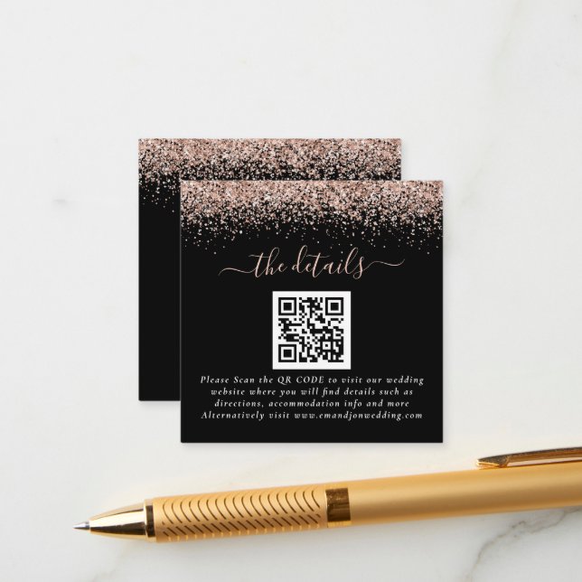 Rose Gold Glitter QR Code Black Wedding Details Enclosure Card (Front/Back In Situ)