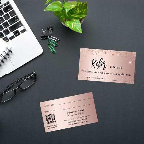 Rose gold glitter qr code business referral card