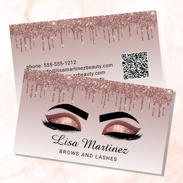Rose Gold Glitter QR Code Lash Brow Beauty Business Card (Creator Uploaded)