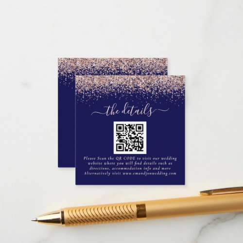 Rose Gold Glitter QR Code Navy Wedding Details Enclosure Card