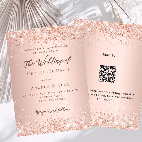 Rose gold glitter QR code RSVP details wedding Invitation