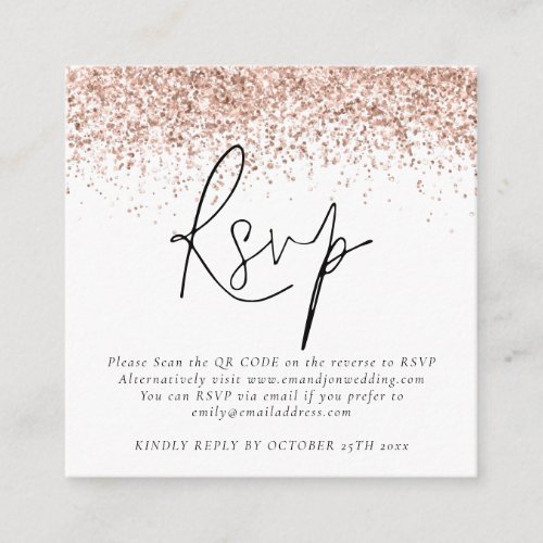 Rose Gold Glitter QR Code Script Wedding RSVP Enclosure Card