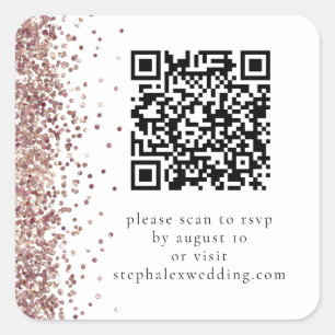 Rose Gold Glitter QR code to RSVP Wedding Square Sticker