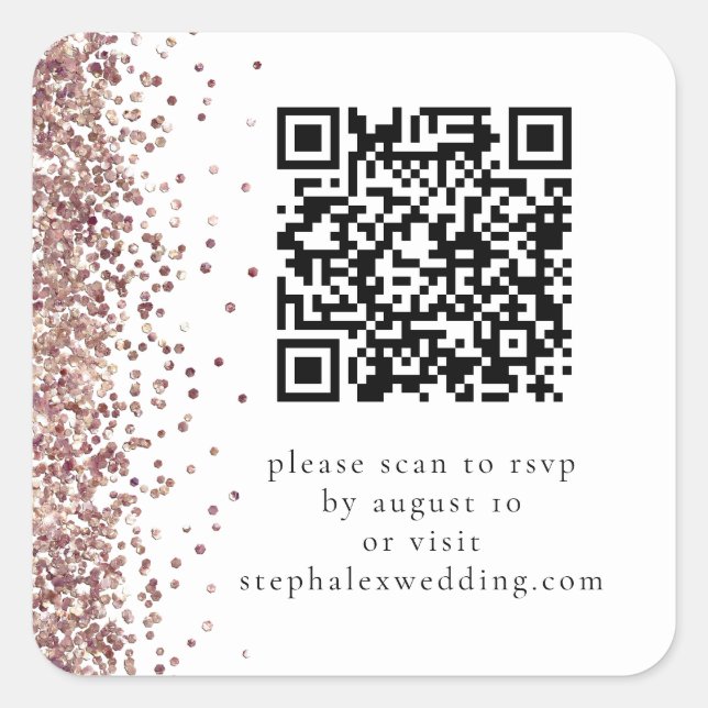 Rose Gold Glitter QR code to RSVP Wedding Square Sticker (Front)