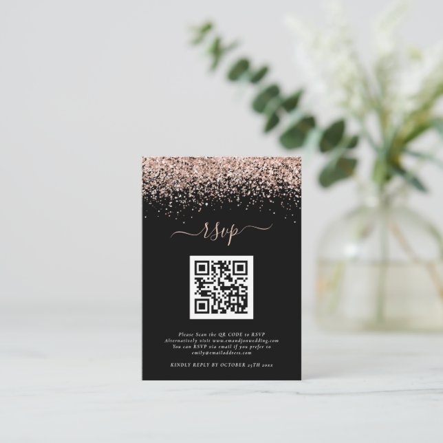 Rose Gold Glitter QR Code Wedding Black RSVP Enclosure Card (Standing Front)