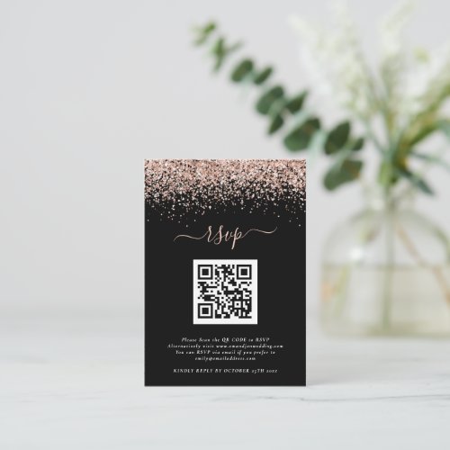 Rose Gold Glitter QR Code Wedding Black RSVP Enclosure Card