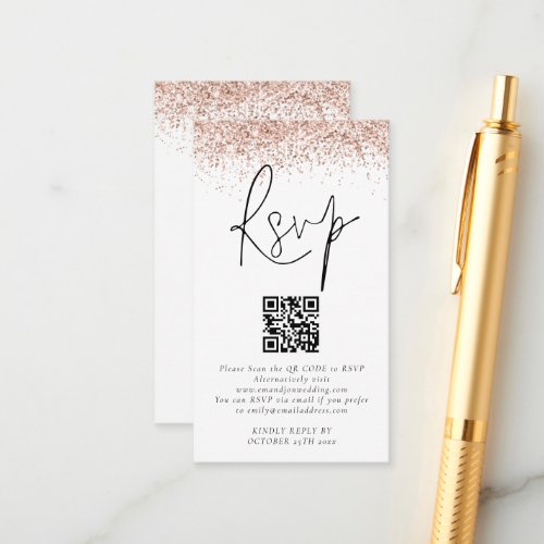Rose Gold Glitter QR Code Wedding RSVP Enclosure Card