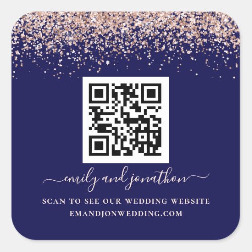 Rose Gold Glitter QR Code Wedding Website Navy Square Sticker
