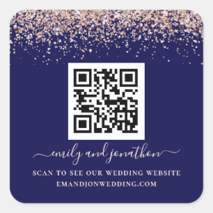 Rose Gold Glitter QR Code Wedding Website Navy Square Sticker