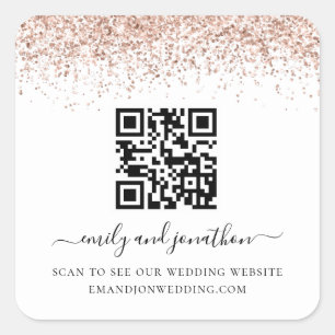 Rose Gold Glitter QR Code Wedding Website Square Sticker