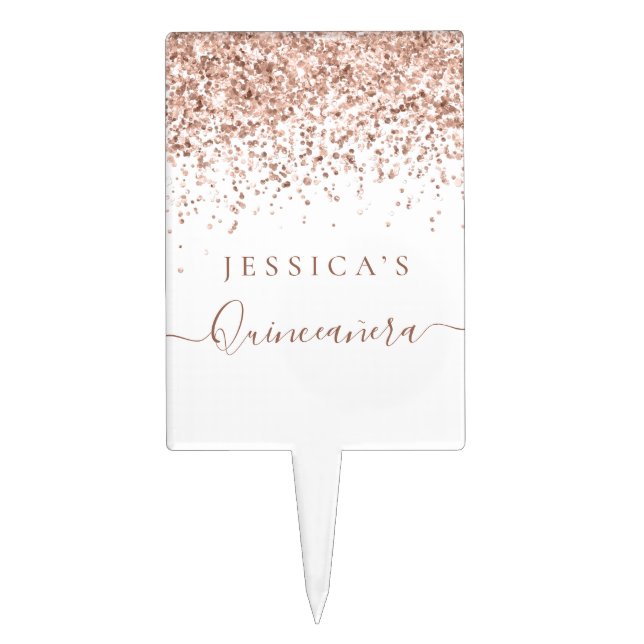 Rose Gold Glitter Quinceañera Party Cake Topper (Front)
