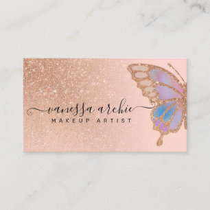 Rose Gold Glitter Rainbow Buttefly Logo Business C Business Card