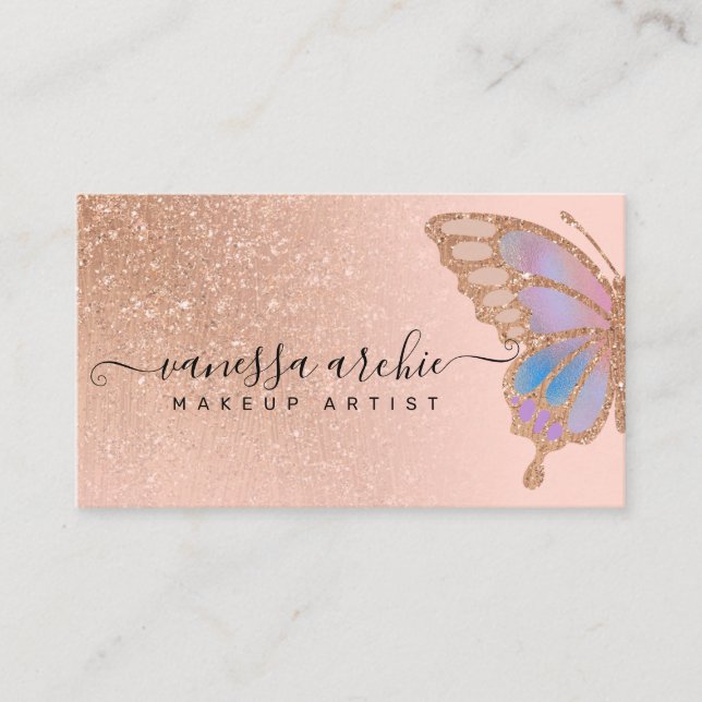 Rose Gold Glitter Rainbow Buttefly Logo Business C Business Card (Front)