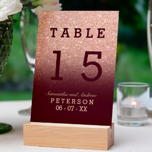 Rose gold glitter red burgundy ombre wedding table number