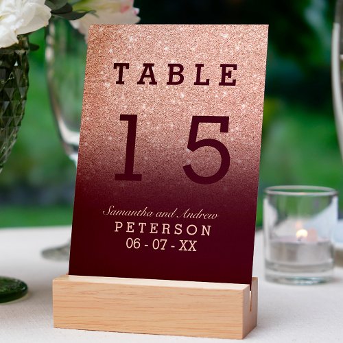 Rose gold glitter red burgundy ombre wedding table table number