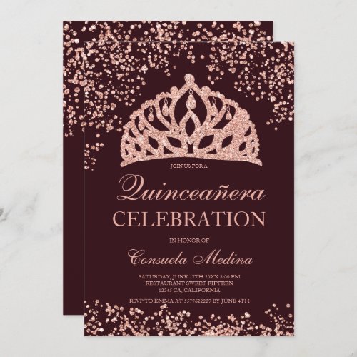 Rose gold glitter red crown tiara Quinceaera Invitation