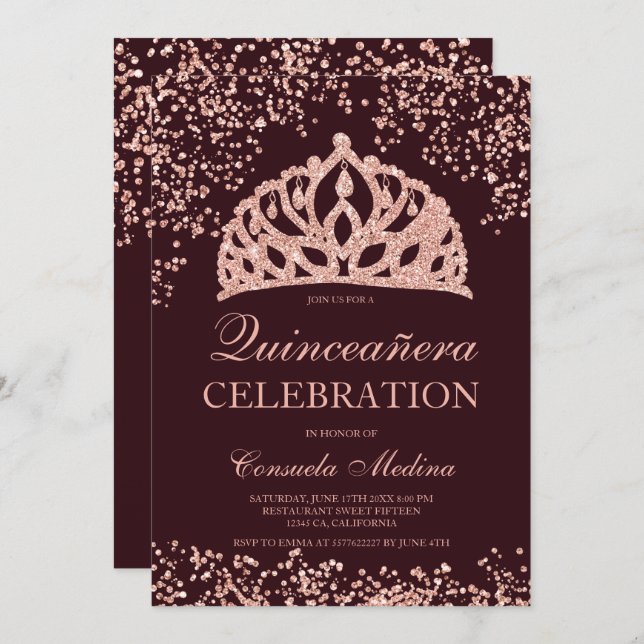 Rose gold glitter red crown tiara Quinceañera Invitation (Front/Back)