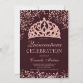 Rose gold glitter red crown tiara Quinceañera Invitation (Front)