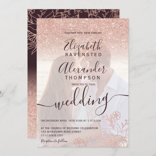 Rose gold glitter red floral script photo wedding invitation