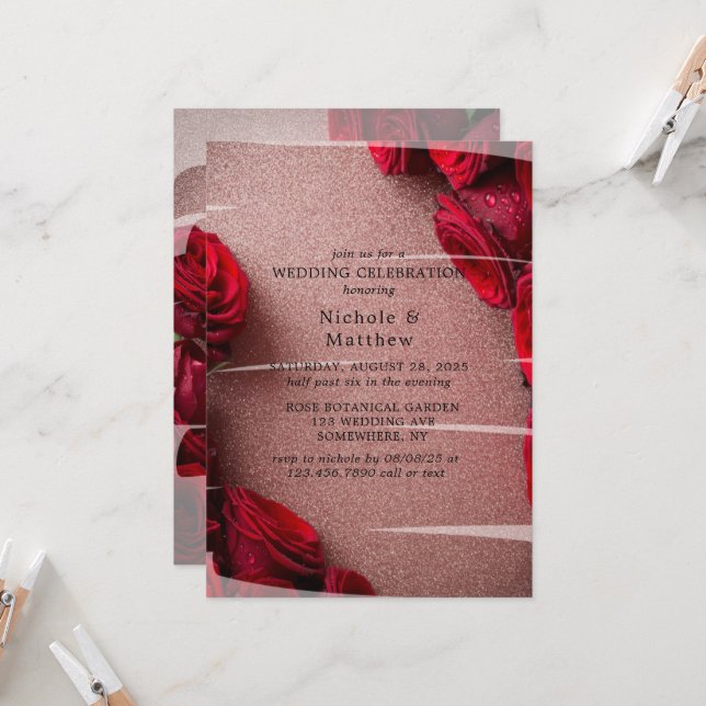 Rose Gold Glitter & Red Roses Wedding Celebration Invitation (Front/Back In Situ)