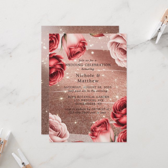Rose Gold Glitter & Red Roses Wedding Celebration Invitation (Front/Back In Situ)
