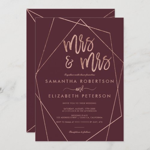 Rose gold glitter red terrarium lesbian wedding invitation