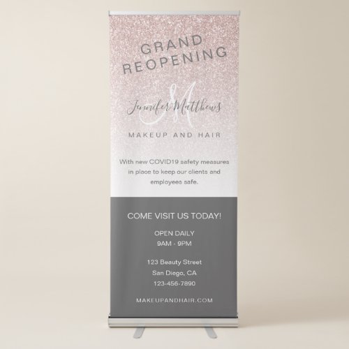 Rose Gold Glitter Reopening Salon COVID Safety Retractable Banner