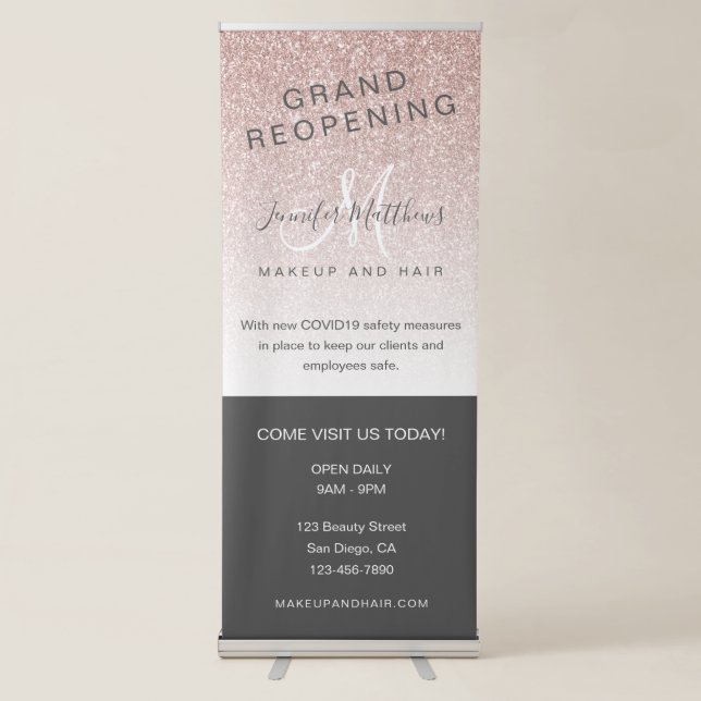 Rose Gold Glitter Reopening Salon COVID Safety Retractable Banner (Front)