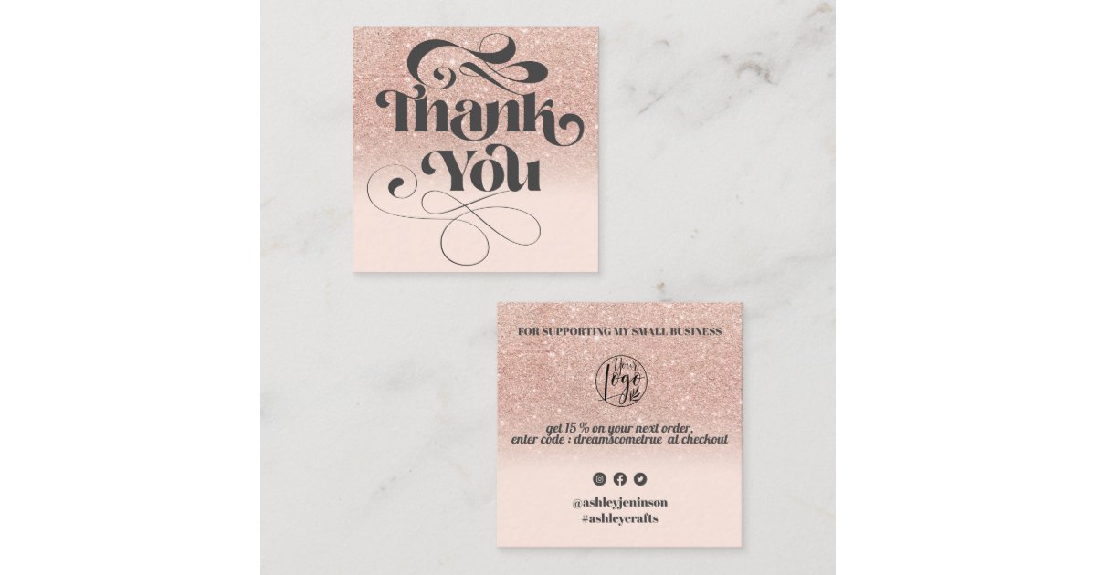 Rose gold glitter retro script order thank you square business card ...