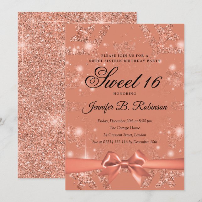 Rose Gold Glitter & Ribbon Winter Sweet 16 Invitation (Front/Back)